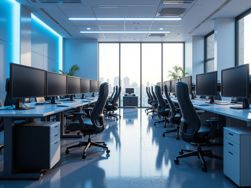 專業團隊辦公室環境,現代化商務場景,藍色背景